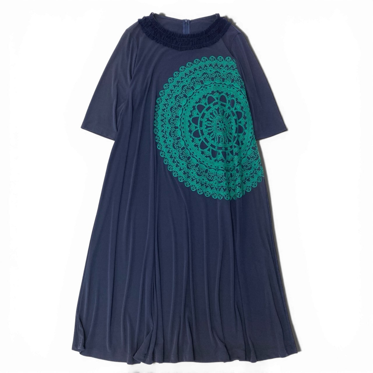 75b27 TOKUKO 1er VOL トクコプルミエヴォル 七分袖 ロングワンピース フリルネック 刺繡デザイン 伸縮ストレッチ レディース 女性服 サイズ9 パープル系u02t