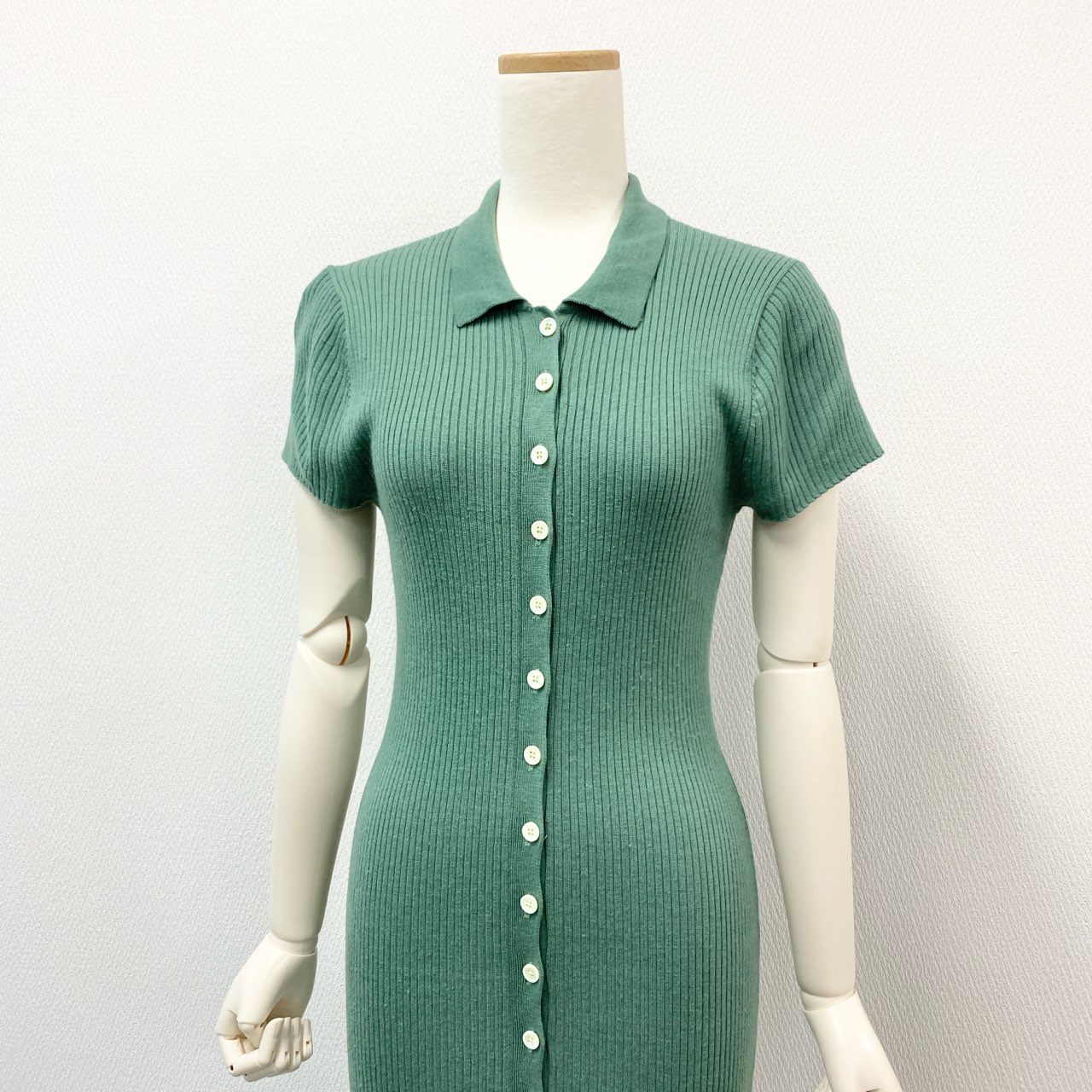 14j10 Polo by Ralph Lauren ポロバイラルフローレン MERINO WOOL リブニットワンピース ロングワンピース 半袖 M グリーン ウールu02t