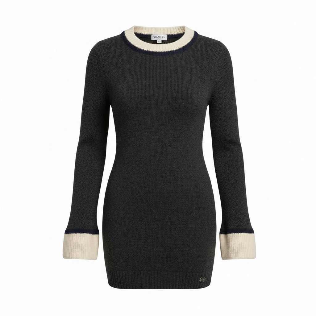 10a13 CHANEL シャネル クルーネック ニットセーター リブニット 長袖 カシミヤシルク混〇  レディース 女性用 P31828K00700 サイズ42 ダークグレー オフホワイト ネイビーo07t