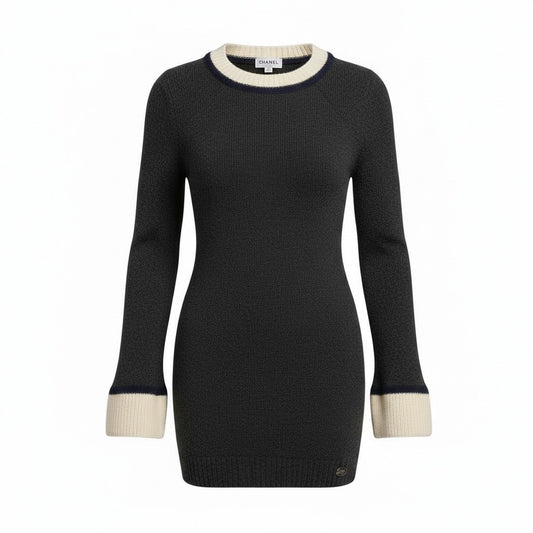 10a13 CHANEL シャネル クルーネック ニットセーター リブニット 長袖 カシミヤシルク混〇  レディース 女性用 P31828K00700 サイズ42 ダークグレー オフホワイト ネイビーo07t