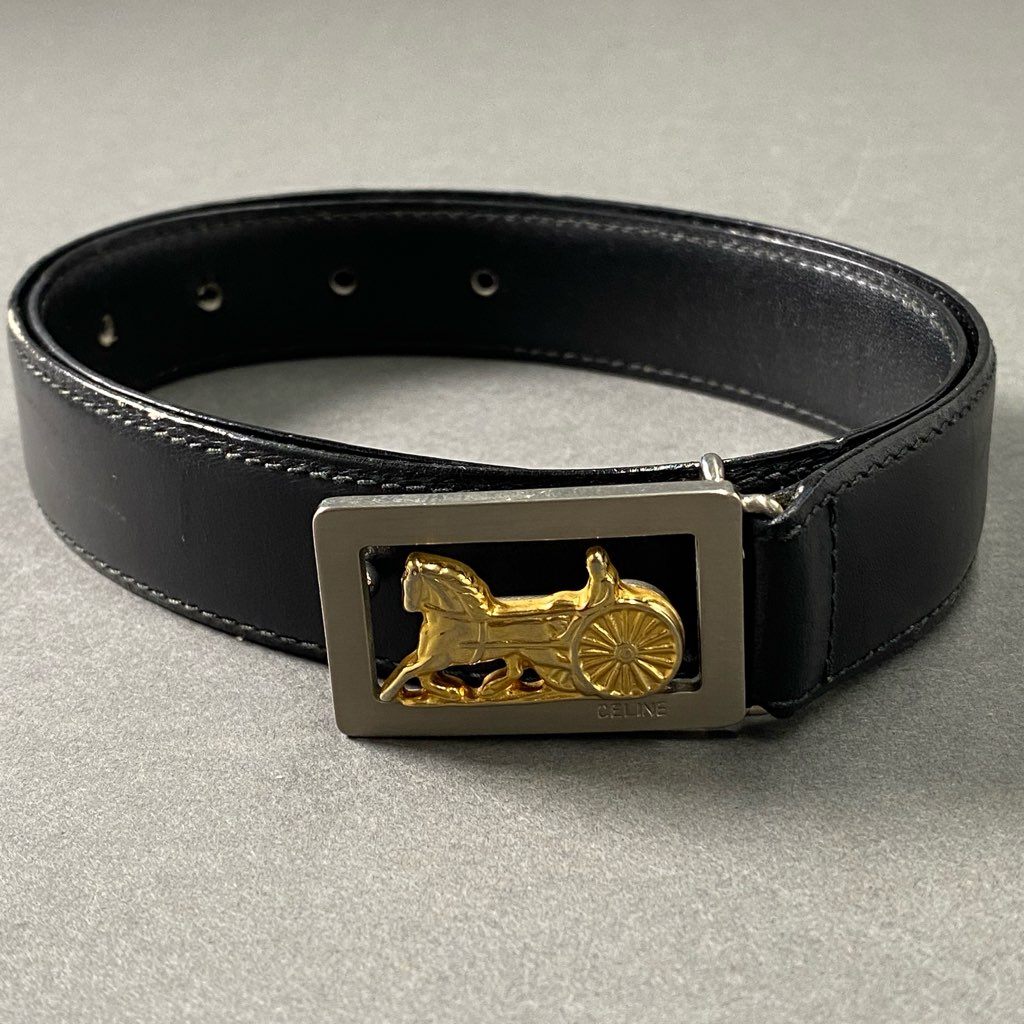 7f23 CELINE セリーヌ 馬車金具 レザーベルト 60 ブラック ゴールド Leather Belt