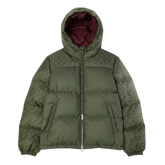 j26 【極美品】GUCCI ダウンジャケット GGジャガード アウター イタリア製 46サイズ カーキ ポリエステル100％ レディース 女性用k02i