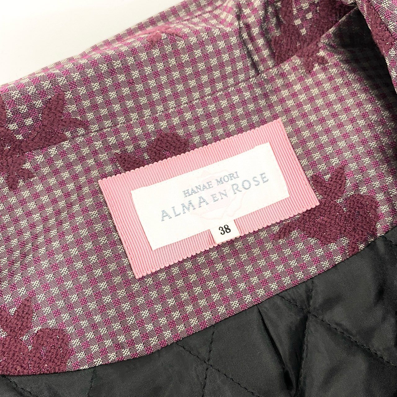 27j22 《美品》HANAEMORI ALMA EN ROSE ハナエモリ アルマアンローズ チェスターコート ギンガムチェック 花柄 キルティング 38サイズ パープル レディースu02t