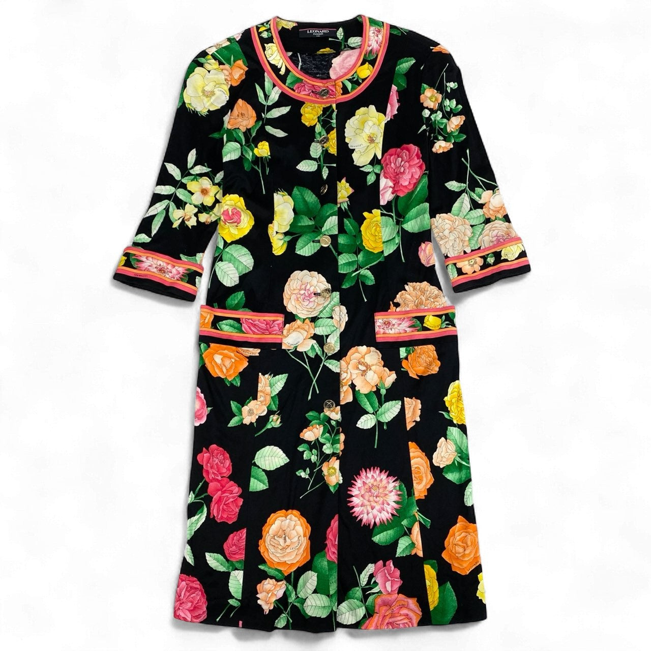 3k19 LEONARD FASHION レオナール ロングシャツワンピース ノーカラー 羽織 美しい花柄プリント ロングスリーブ 金ボタン レディース 女性用 L ブラック コットン100％u02t