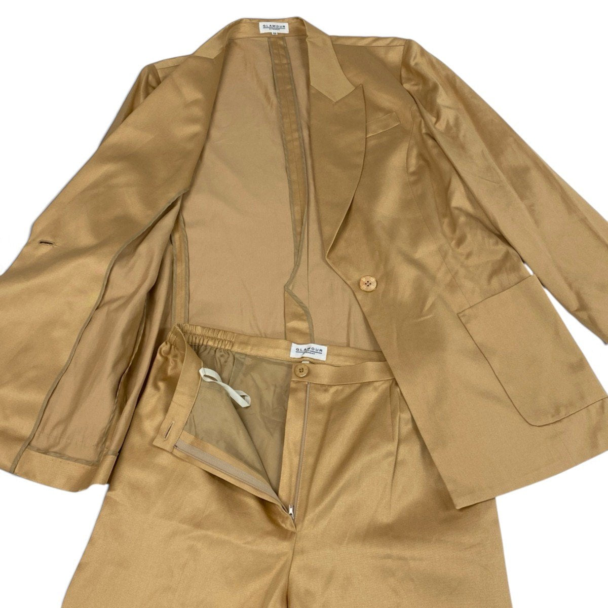 h31 【美品】GLAMOUR GIVENCHY セットアップ テーラードジャケット スラックス シルクコットン 44サイズ オレンジ ベージュ レディース 女性用k02i