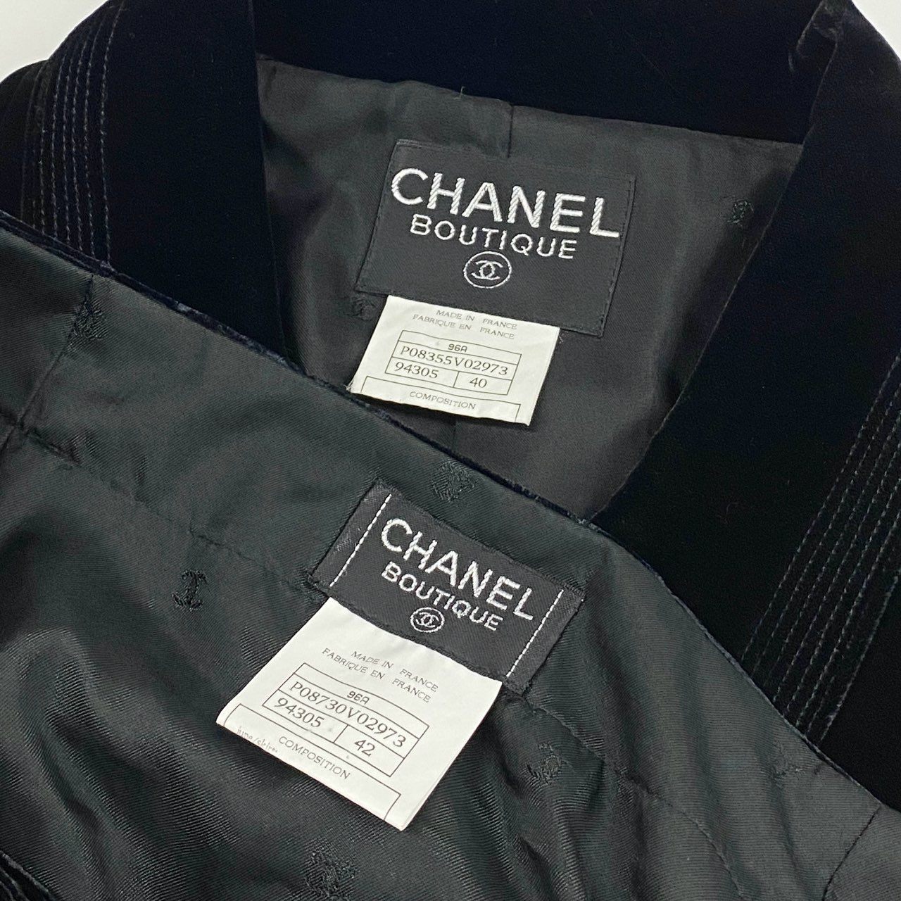 Ca14【Archive】CHANEL シャネル 1996AW collection P08355 グリポア ベルベットシャツ スカート セットアップ サイズトップス40/スカート42 ブラック レディースta1