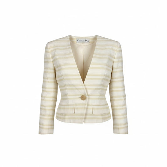 11b9《タグ付き》 Christian Dior クリスチャンディオール オールド ノーカラージャケット テーラージャケット ボーダー S アイボリー コットン レディースk02i