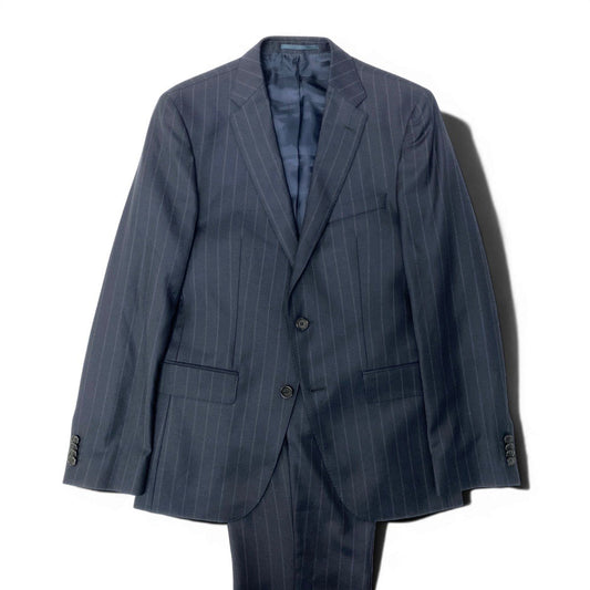 32e13 【美品】HUGO BOSS ヒューゴボス スーツセットアップ テーラードジャケット スラックス ストライプ REDA生地 46サイズ ネイビー ウール100％ メンズ 男性用u02t
