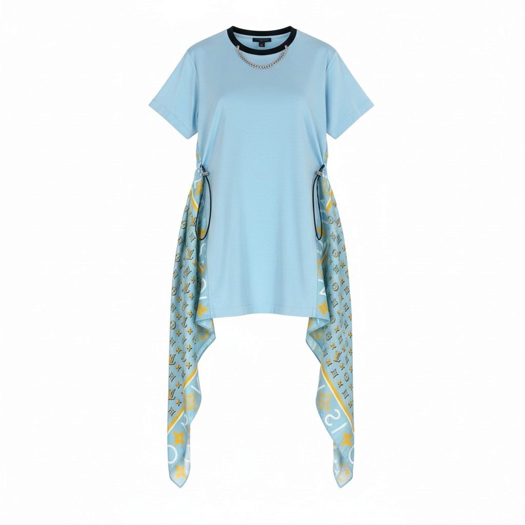 Ij9 【未使用タグ付】 LOUIS VUITTON ルイヴィトン モノグラム スカーフ Tシャツドレス RW242WW FRJD24 サイズM ライトブルー コットン シルク レディースu02t