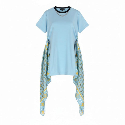 Ij9 【未使用タグ付】 LOUIS VUITTON ルイヴィトン モノグラム スカーフ Tシャツドレス RW242WW FRJD24 サイズM ライトブルー コットン シルク レディースu02t