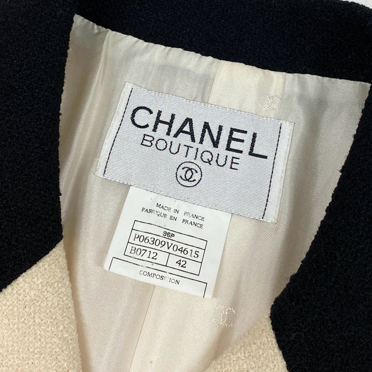 Cb9 Vintage CHANEL シャネル 1996 ツイードジャケット テーラージャケット バイカラー ココマークボタン 42 アイボリー ブラック レディースta1