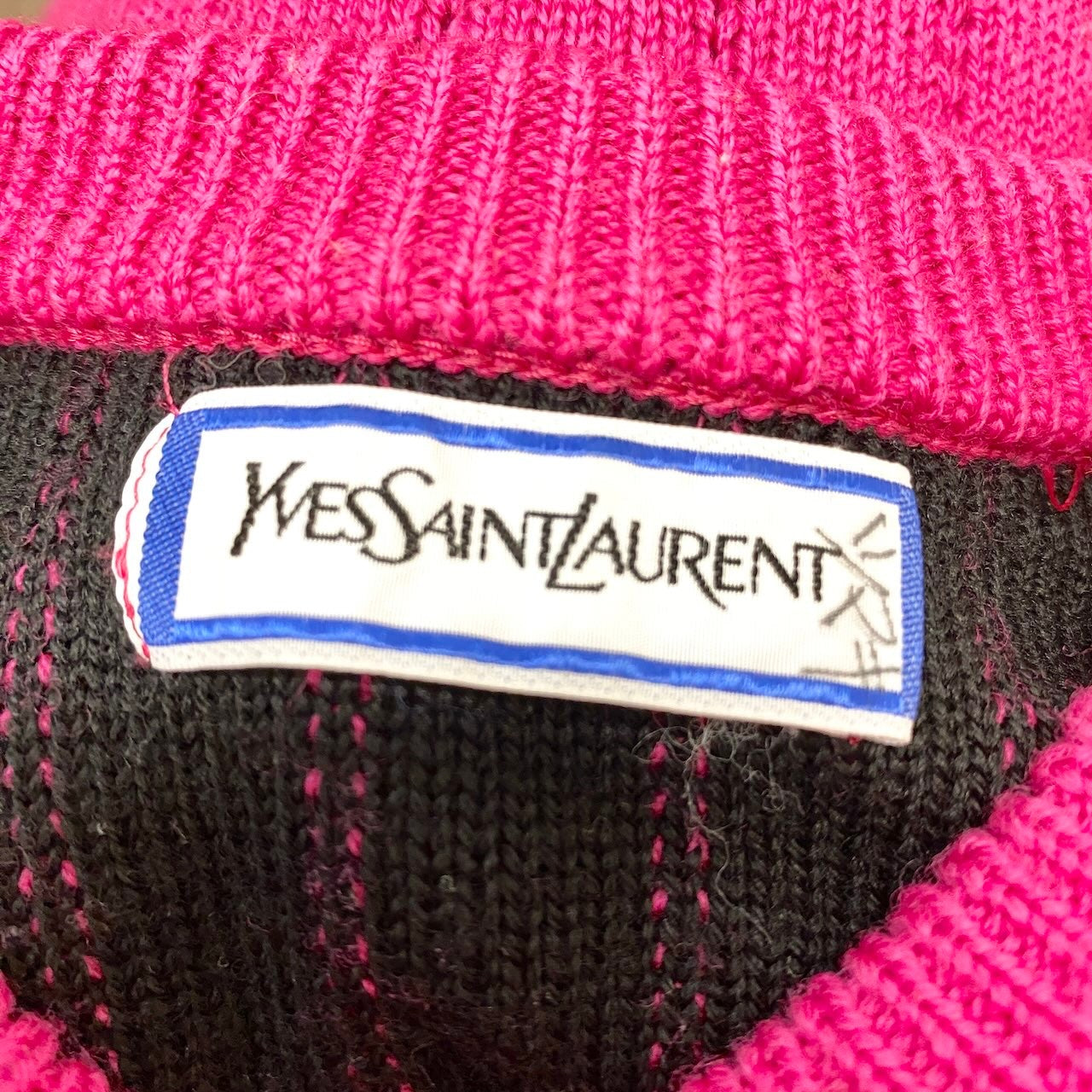 40f15 YVES SAINT LAURENT イヴサンローラン クルーネック ニットセーター アーガイル柄 ロングスリーブニット サイズM ピンク ウール100％ レディース 女性服o07t