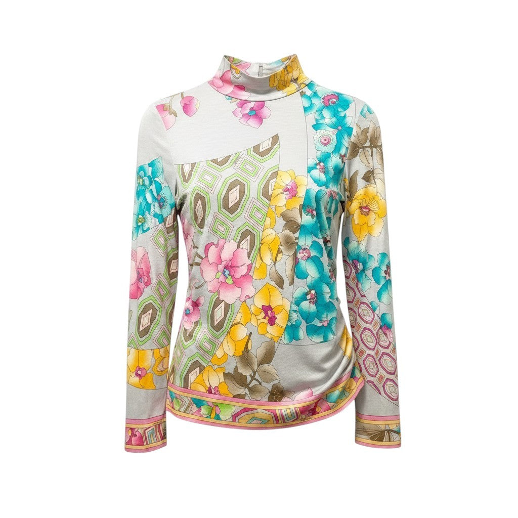 40f15 LEONARD FASHION レオナール ハイネック ロングスリーブカットソー 美しい花柄プリント トップス サイズ38 ライトグレー系 レディース 女性服u02t