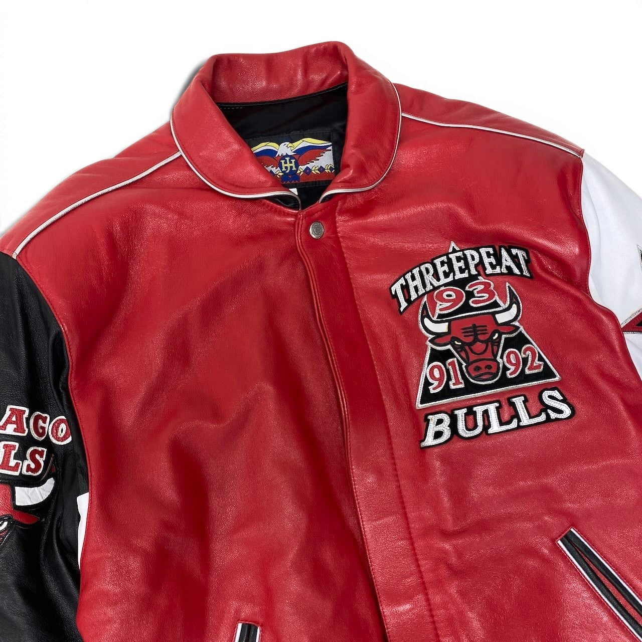 19g1 JEFF HAMILTON ジェフハミルトン NBA Chicago Bulls シカゴブルズ 3ピート記念 レザージャケット スタジャン 革ジャン USA製 Sサイズ レッド ホワイト レザー メンズ 男性用u02t