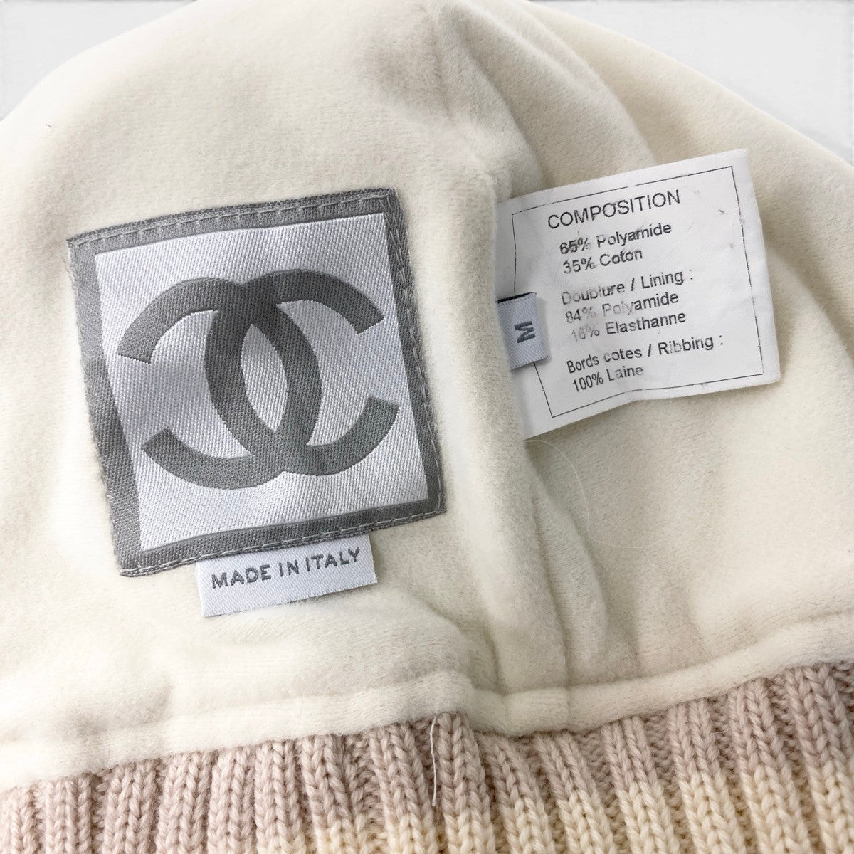 Cf24 CHANEL ヴィンテージ シャネル スポーツ ココマーク 裏地フリース ニット帽 ビーニーキャップ サイズM オフホワイト レディース