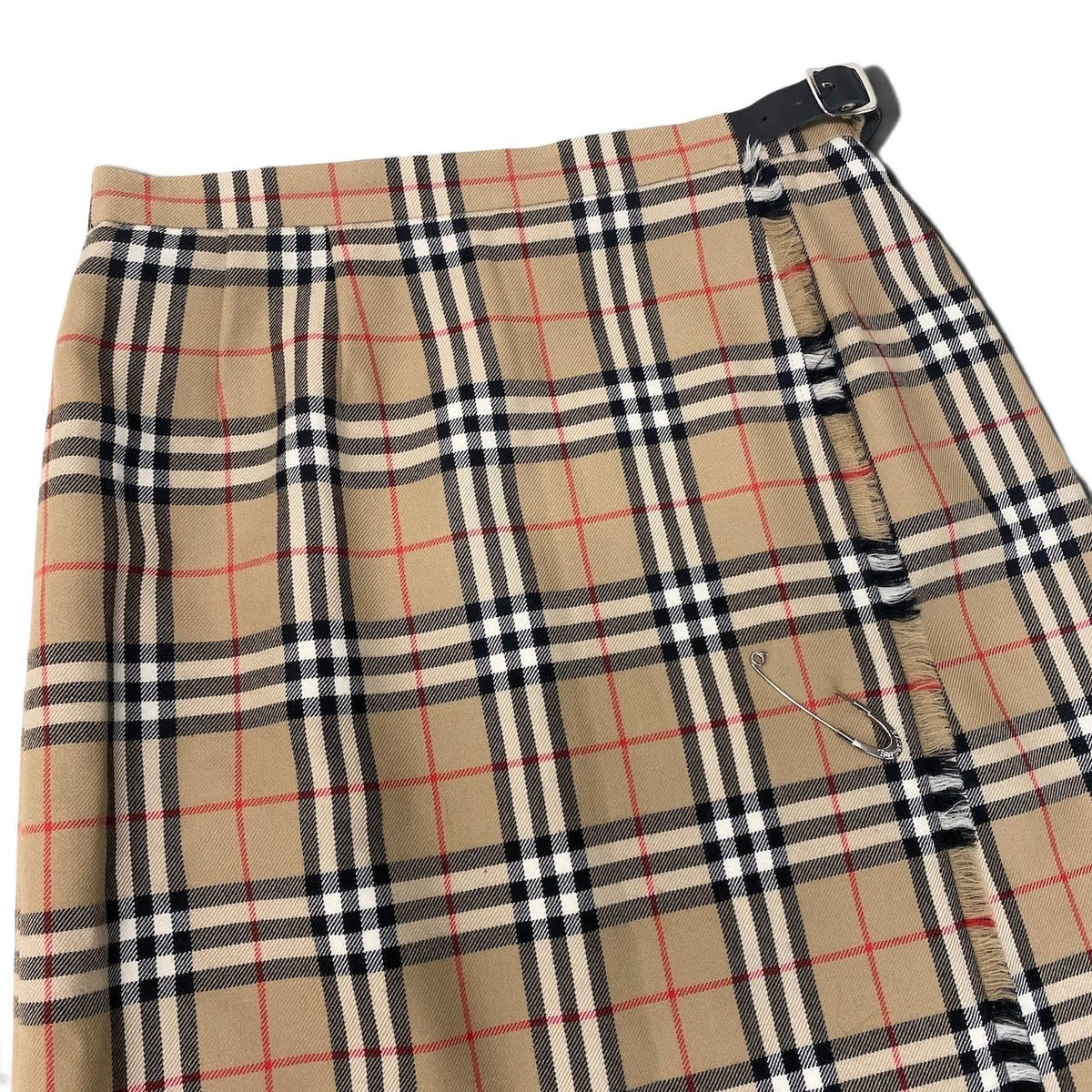 40i27 Burberrys バーバリーズ スカート ノバチェック 巻きスカート キルトピン付 フリンジ 革ベルト 13 ベージュ ウール100％ レディース 女性用u02t