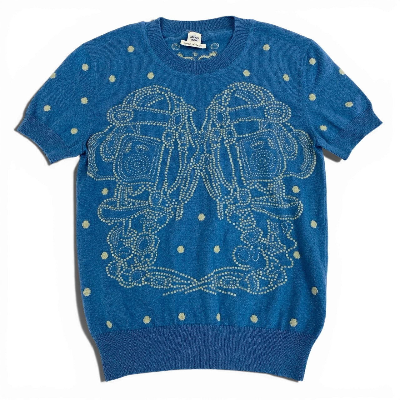 57a13 HERMES エルメス BRIDES DE GALA 半袖ニットセーター カシミヤブレンド ドット柄 イタリア製 レディース 女性用 3E2623D8 36 ブルー系o07t