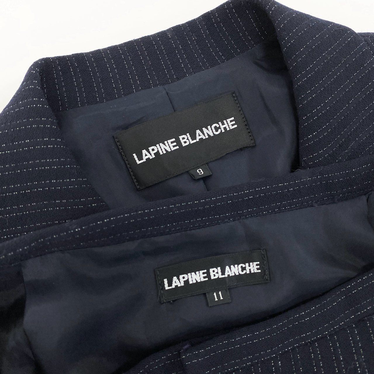 4k23《美品》 LAPINE BLANCHE ラピーヌブランシュ セットアップスカート ダブルブレストジャケット ストライプ柄 ウール混 レディース 女性用 9 ネイビーu02t