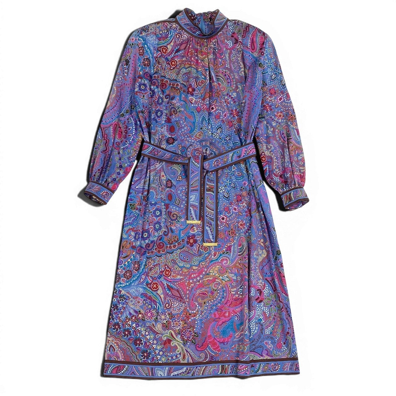 65d16 LEONARD FASHION レオナール ロングワンピース 総柄プリント ペイズリー柄 花柄 ベルト付 サイズM ブルー ウール シルク レディース 女性用u02t