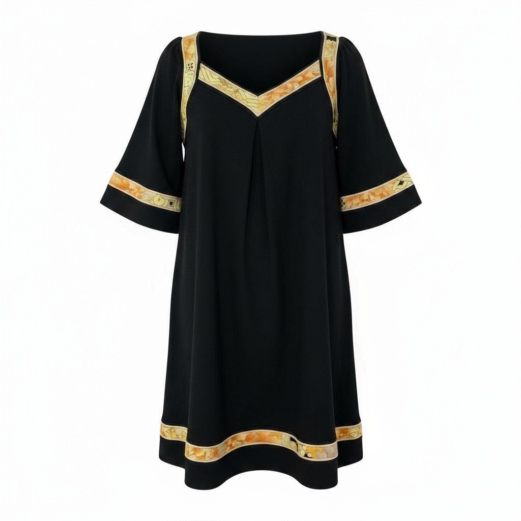 38k16 LEONARD レオナール 五分袖ワンピース フレアワンピース  膝丈 スクエアVネック 42サイズ ブラック レディースu02t