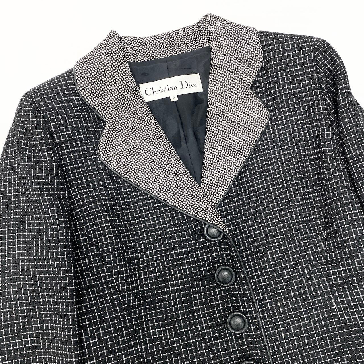 62e12 Christian Dior クリスチャンディオール テーラードジャケット  レザーパイピング チェック柄 総柄 サイズ9 ブラック ホワイト レディース 女性用o07t