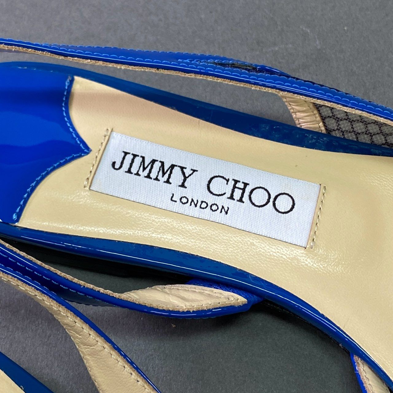 3j24 JIMMY CHOO ジミーチュウ スリングバック メッシュ フラットパンプス 36 1/2 ブルー エナメル パテントレザー サンダル イタリア製