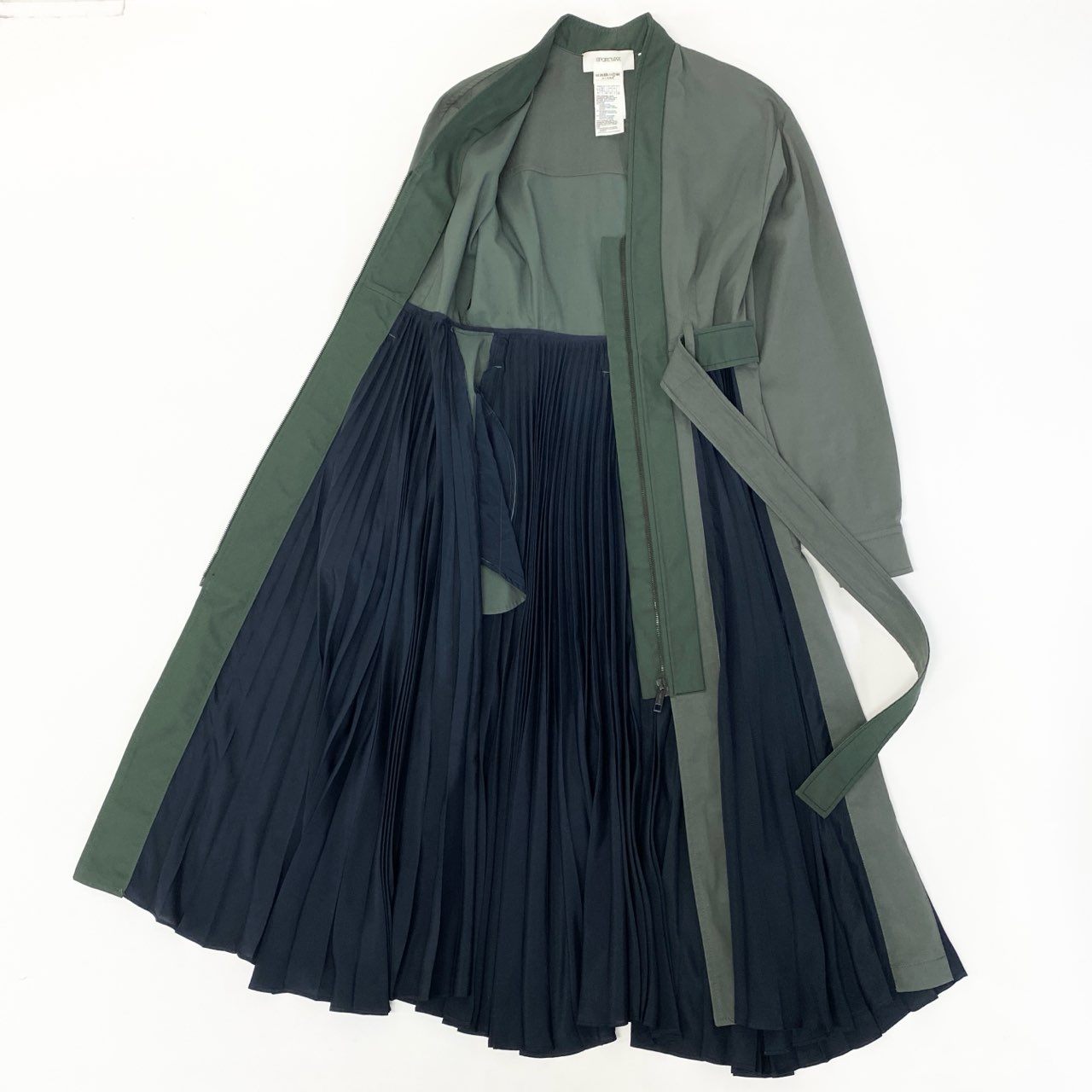 60c6【美品】SPORTMAX スポーツマックス プリーツベルトドレス ワンピース レイヤードワンピース 36サイズ カーキ ネイビー レディース 女性用u02t