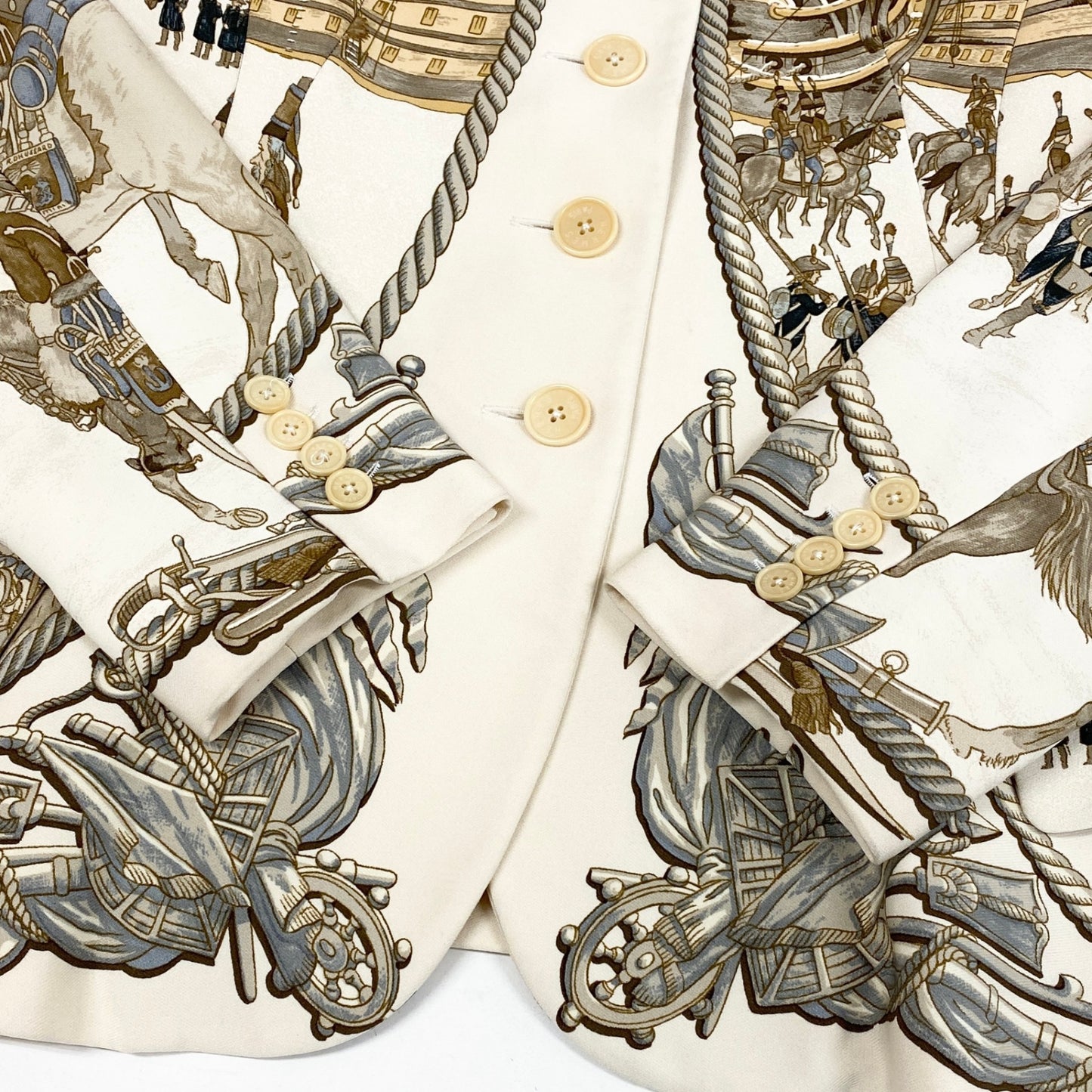 35L19 Vintage HERMES エルメス 海と騎兵隊 テーラードジャケット シルクジャケット 総柄 42 アイボリー系 シルク レディース 女性用 フランス製u02t