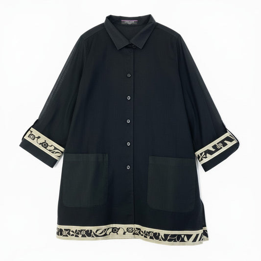 80c9 LEONARD FASHION レオナール ロングスリーブシャツ シアーシャツ  レディース女性服 サイズ13R ブラック コットン100％u02t