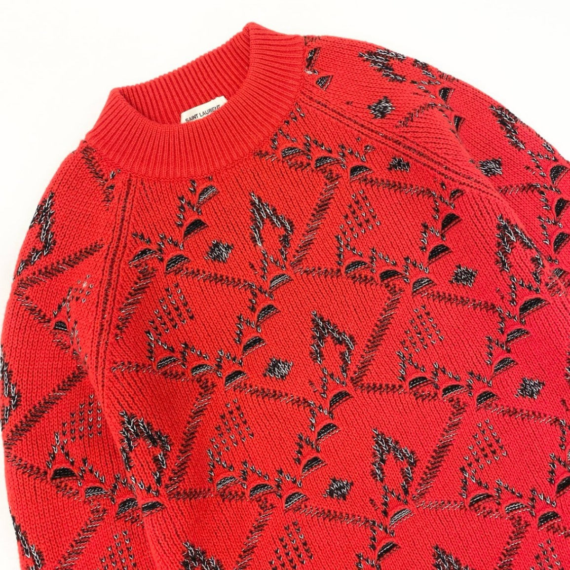 27L1 SAINT LAURENT PARIS サンローラン パリ カシミヤ混 18AW フローラル ジャガード ニットセーター サイズXS レッド メンズk02i