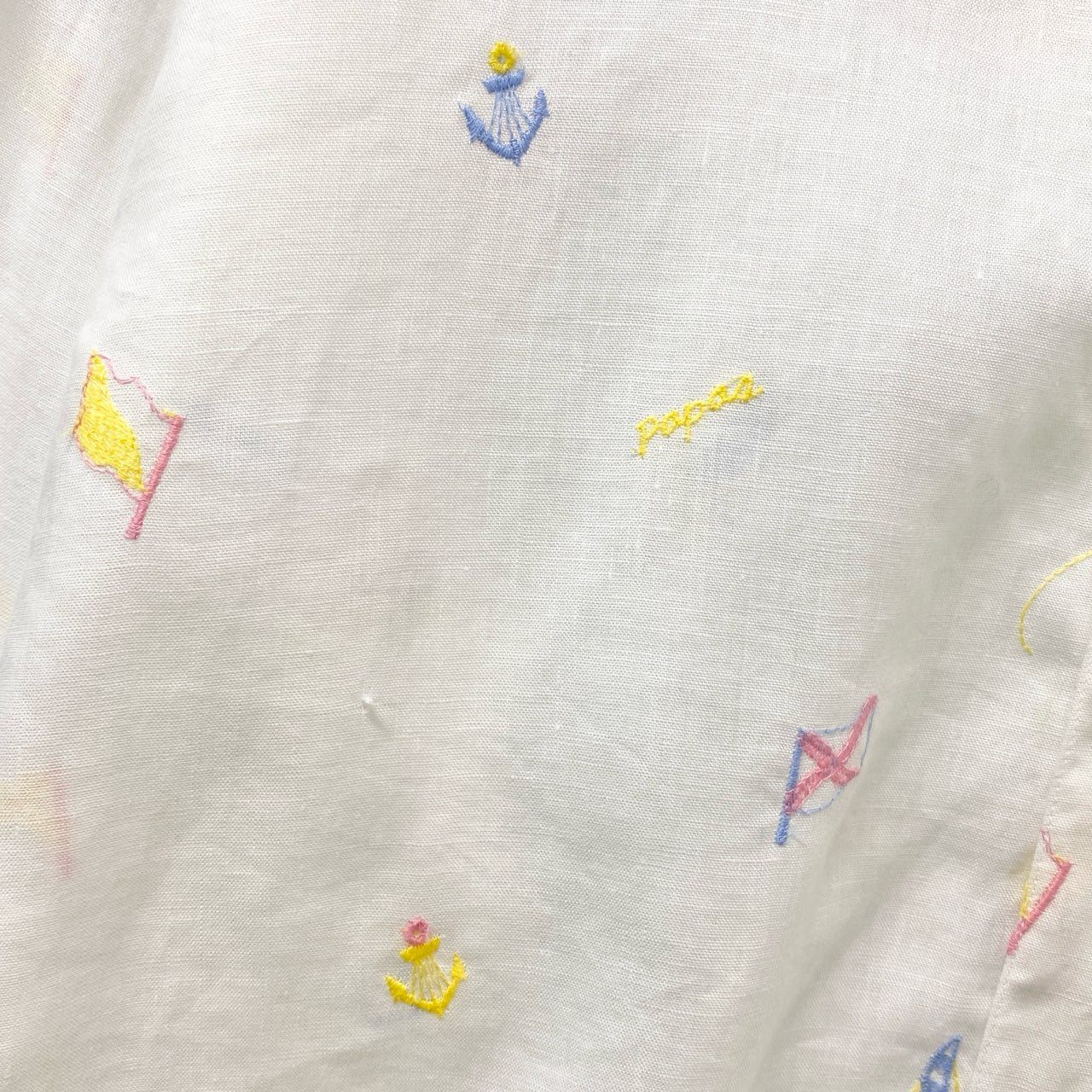 5c6 《美品》 Papas パパス リネンシャツ 長袖シャツ トップス 刺繍 LL ホワイト 麻100％ メンズu02t