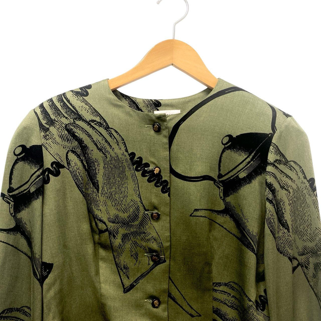 24b16 【美品】MOSCHINO モスキーノ ヴィンテージ ノーカラーシャツジャケット グラフィックプリント ショート丈 バルーン袖 カーキ レディース 女性用u02t