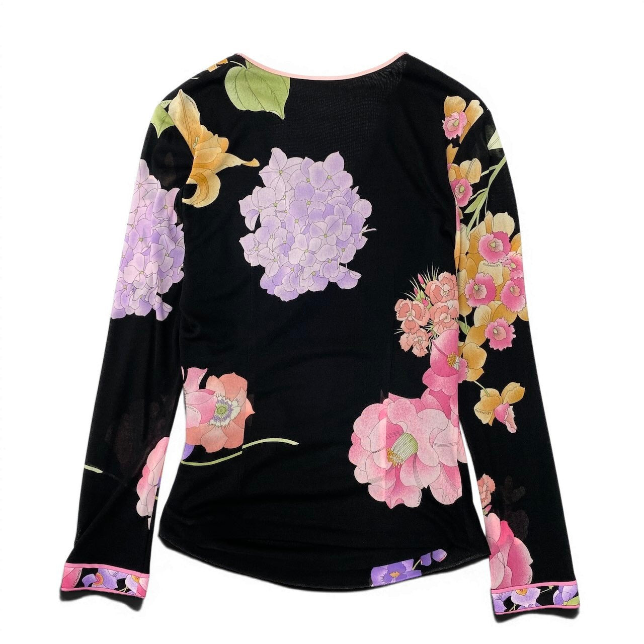 26e8 【美品】 LEONARD FASHION レオナール フロントクロス ロングスリーブ カットソー 美しい花柄プリント カンカン素材 シアースリーブ サイズM ブラック レディース 女性用u02t