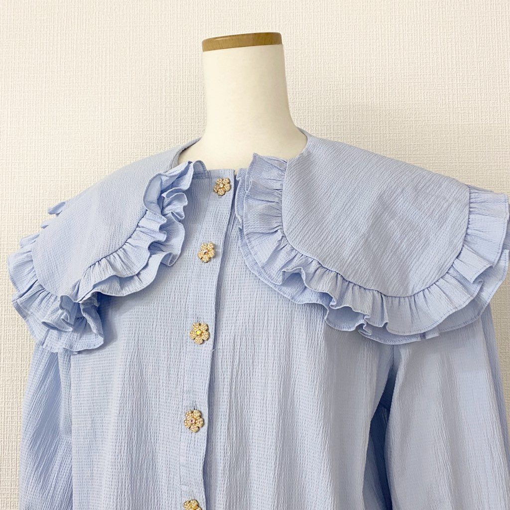 14d7 sister jane シスタージェーン Notes Oversized Collar Blouse フラワービジュー フリルブラウス S ブルー Chesty シャツ