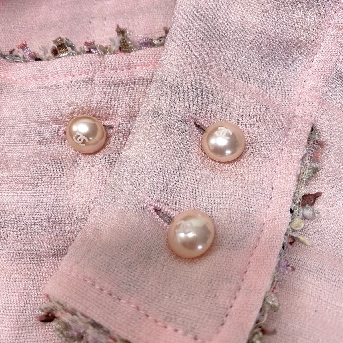 Cf11 CHANEL シャネル 03P チェーントリム ツイード 2Pジャケット ココマーク パールボタン サイズ36 ピンク レディース 女性用ta1