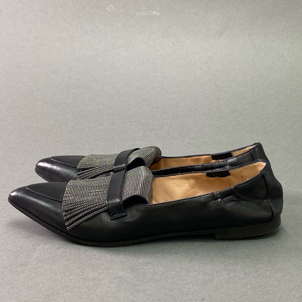 2e10 BRUNELLO CUCINELLI ブルネロクチネリ ラメフリンジ ローファー 37 1/2 ブラック レザー 革靴 フラットシューズ イタリア製