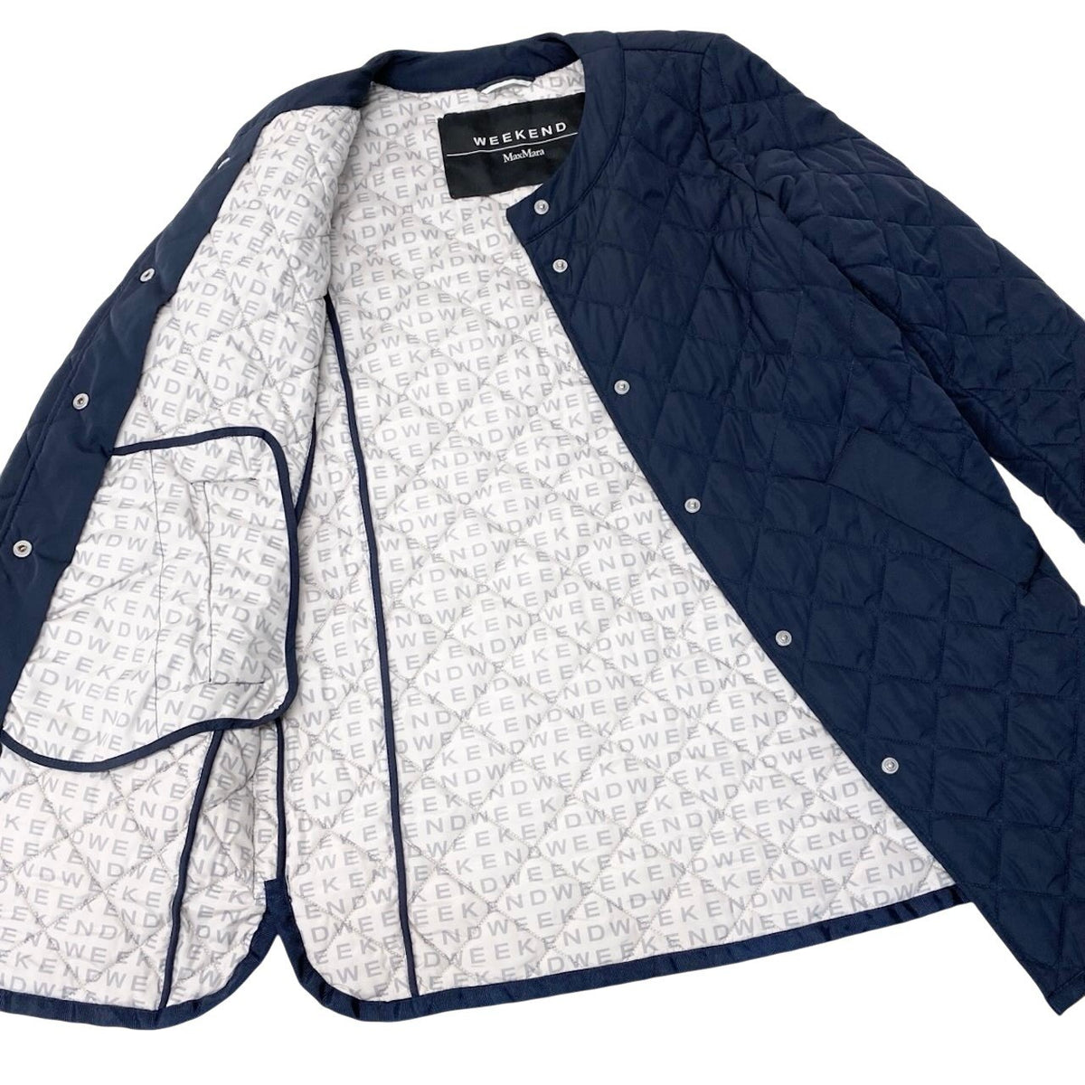 41i27 WEEKEND MaxMara ウィークエンド マックスマーラ キルティングジャケットコート 中綿ジャケット ミドル丈 サイドラインロゴ 38サイズ ネイビー ポリエステル100％ レディース 女性用u02t