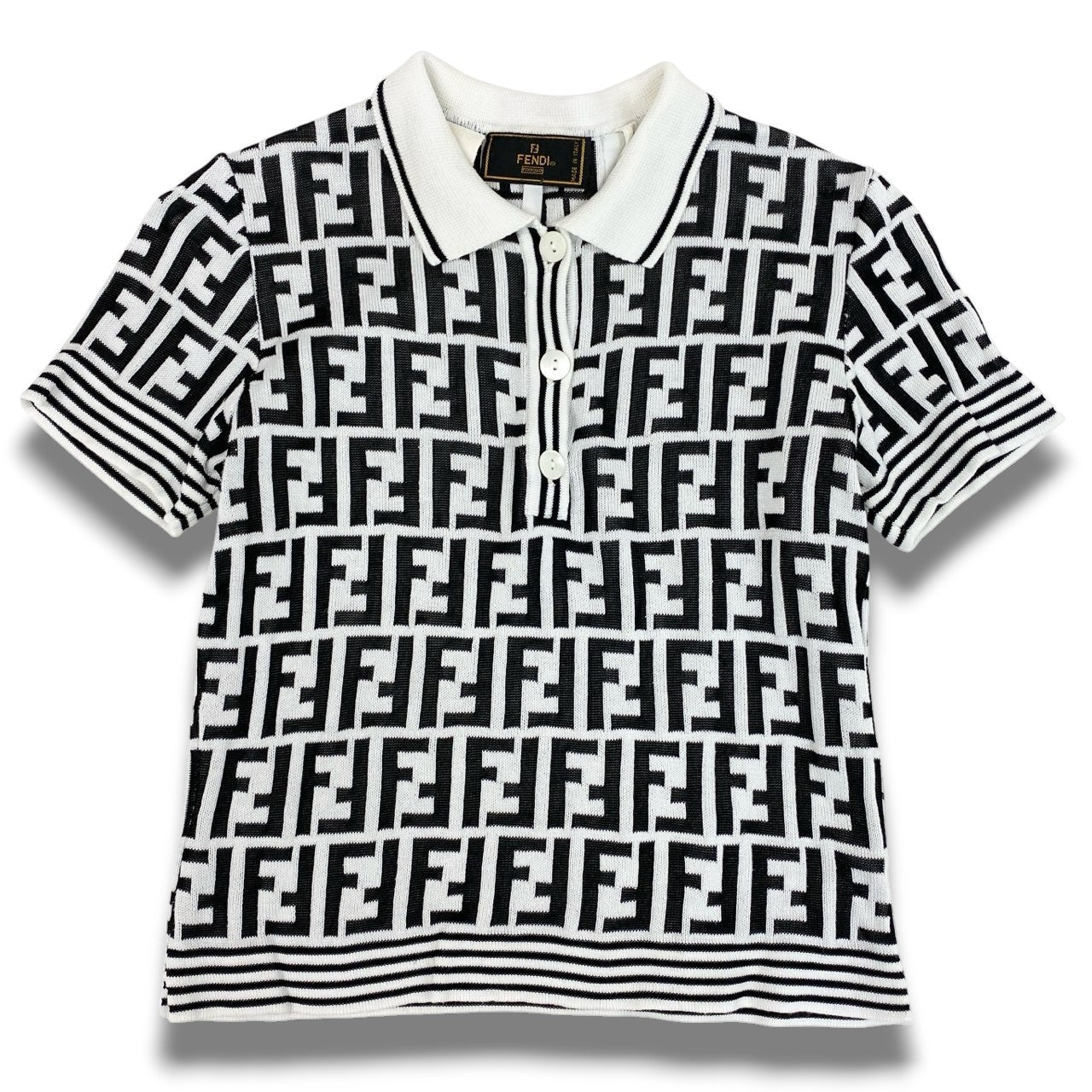 Ac2 FENDI フェンディ ヴィンテージ ニットポロシャツ ズッカ柄 S相当 ホワイト、ブラック レディース トップスk02i