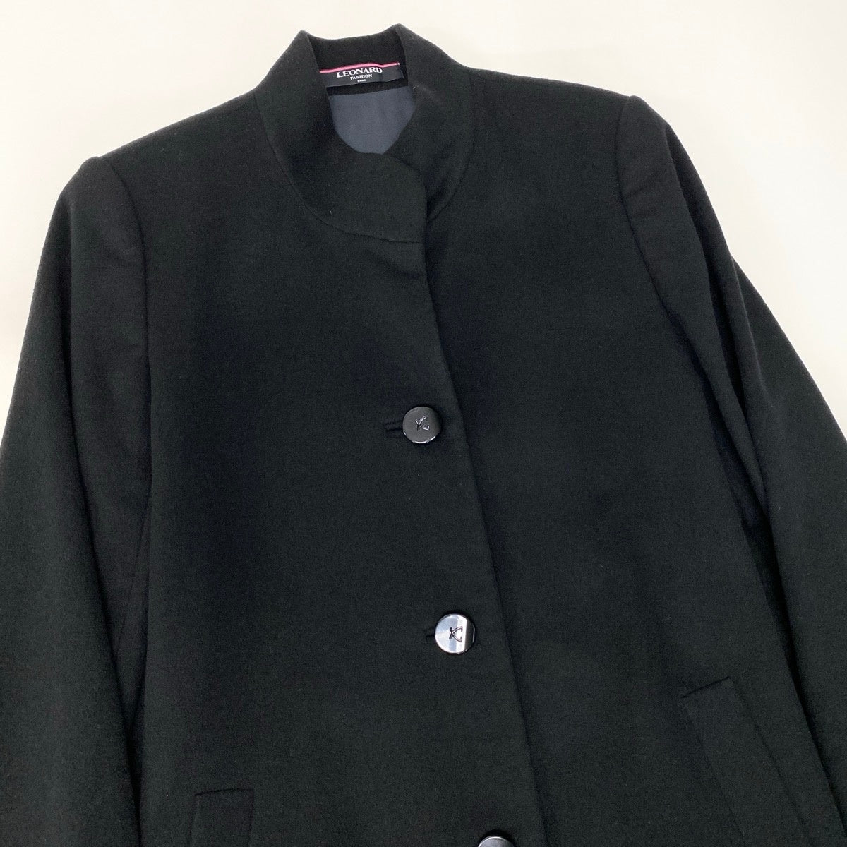 3g11 LEONARD FASHION レオナール ステンカラーコート 裏地花柄 ロング カシミヤブレンド サイズ11R ブラック レディースu02t