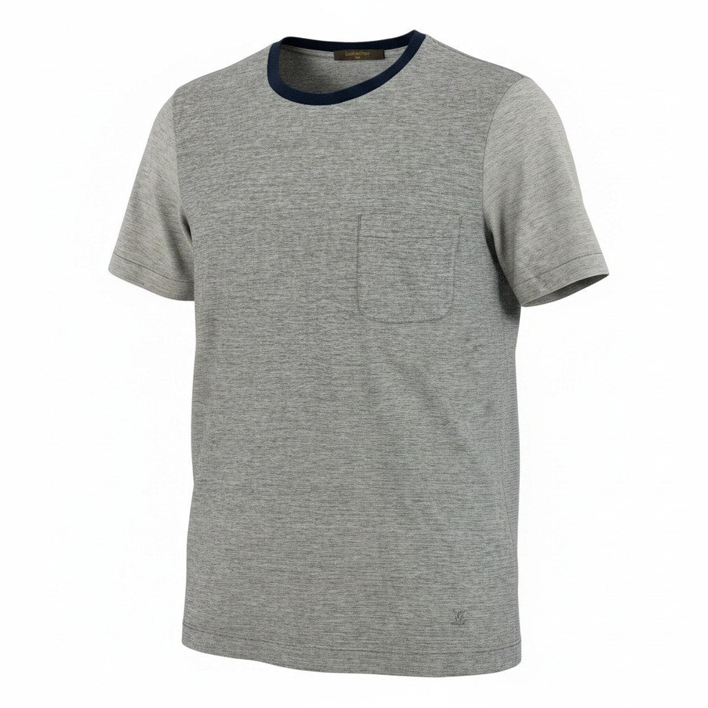 84e29【美品】 LOUIS VUITTON ルイヴィトン クルーネック 半袖Tシャツ 袖切替 バイカラー LVロゴ刺繍 カシミヤ混 サイズS グレー系 メンズ 紳士服u02t