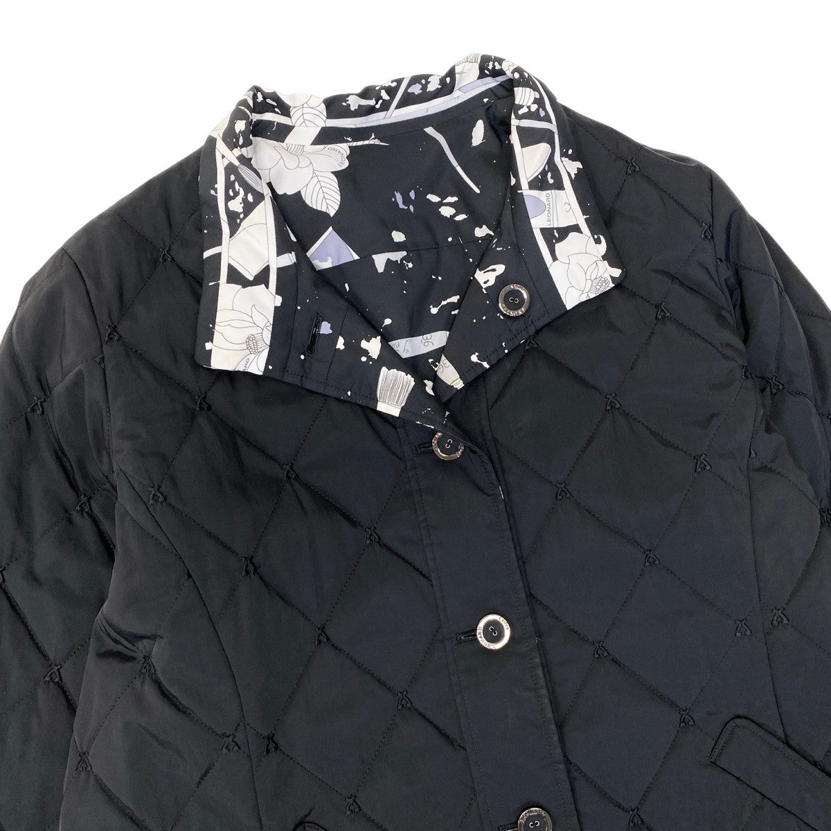 72h18 LEONARD SPORT レオナール リバーシブル キルティングコート ロゴ刺繍 総柄プリント 44 ブラック レディースu02t