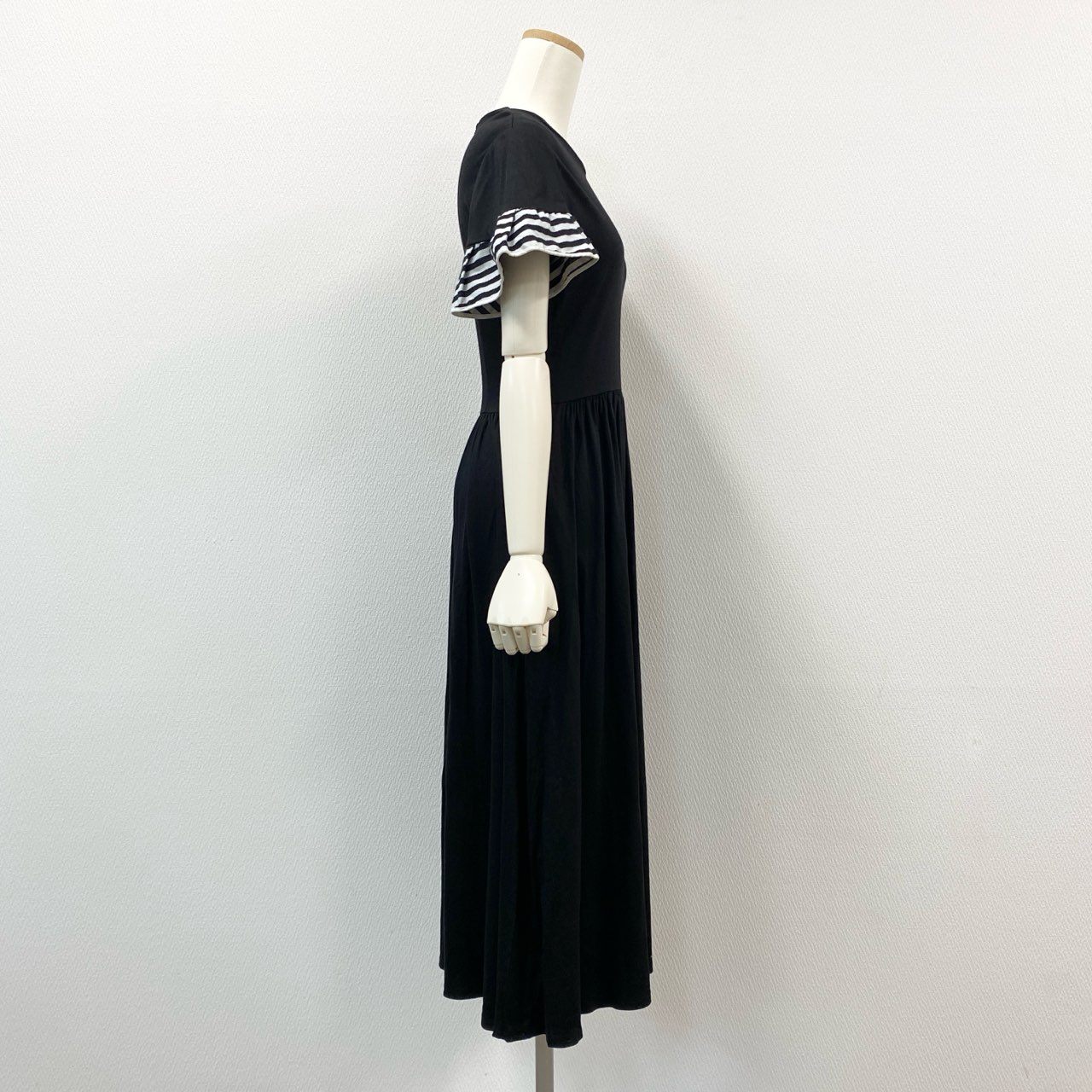 63i12 BORDRES at BALCONY ボーダーズアットバルコニー RUFFLED MAXI DRESS 半袖ワンピース ドレス マキシ丈 日本製 ボーダー BD2111-2K-29 36 ブラック レディースk02i