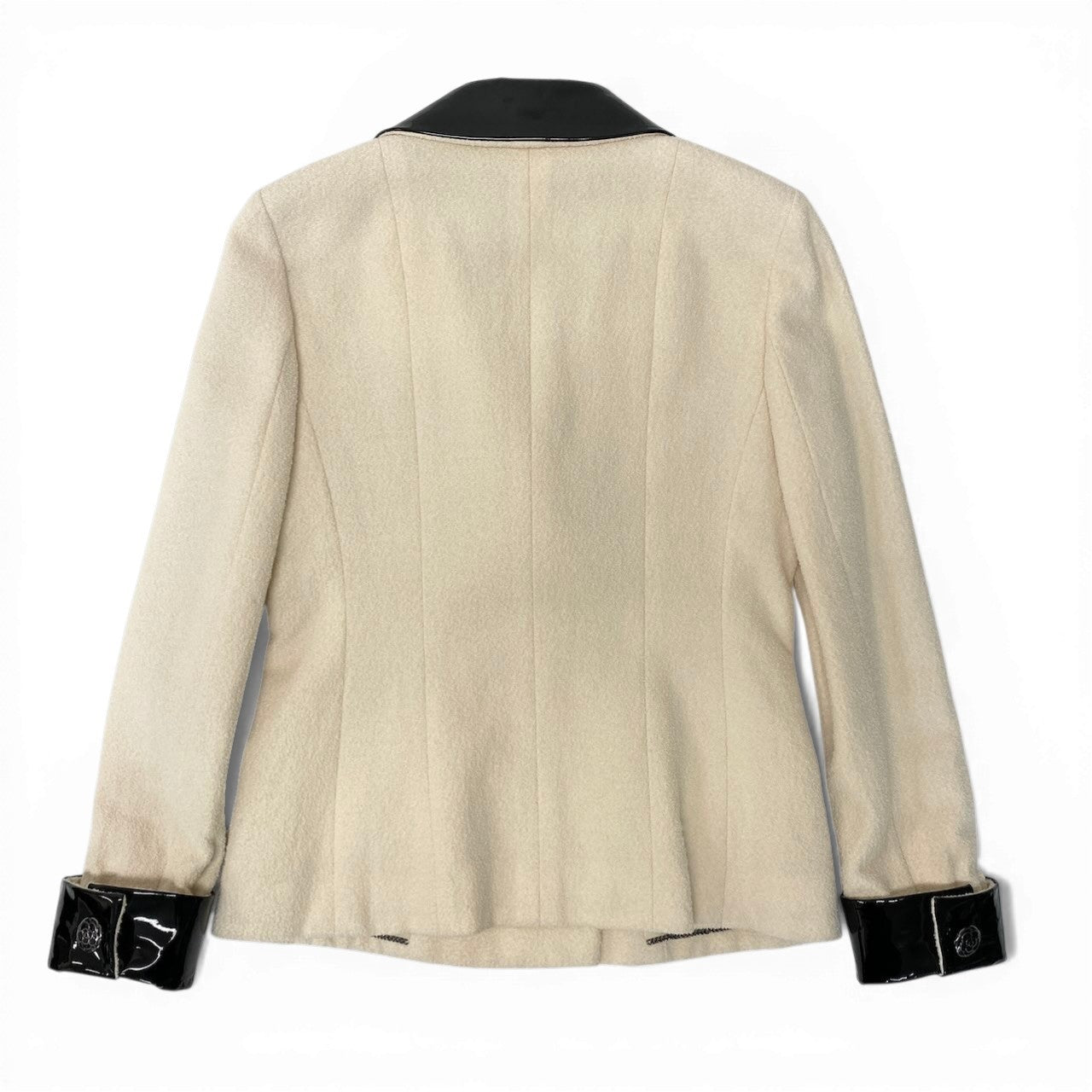 C CHANEL シャネル 16SS ツイードジャケト スプリングジャケット パテントレザー襟 カメリアボタン フランス製 38サイズ アイボリー ブラック レディース 女性用nu1