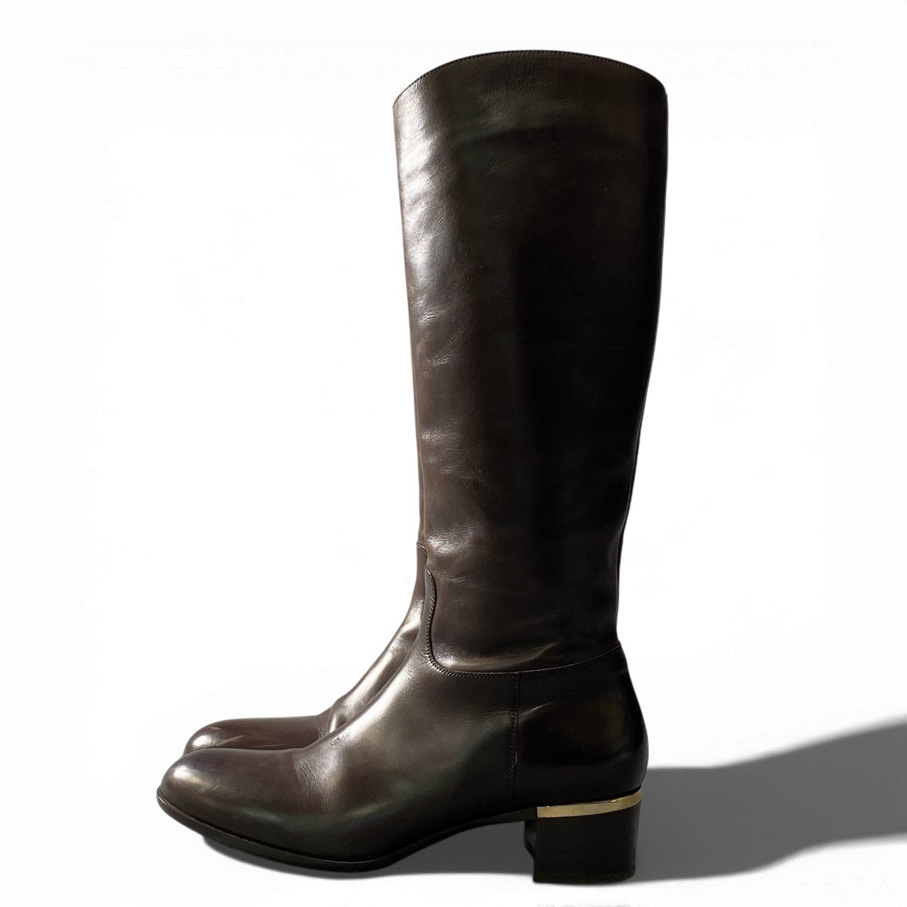 2a23 SARTORE サルトル ラウンドトゥ レザー ロングブーツ ミドルヒール サイドジップ イタリア製 レディース 女性用 サイズ38 ブラウン leatheru02t