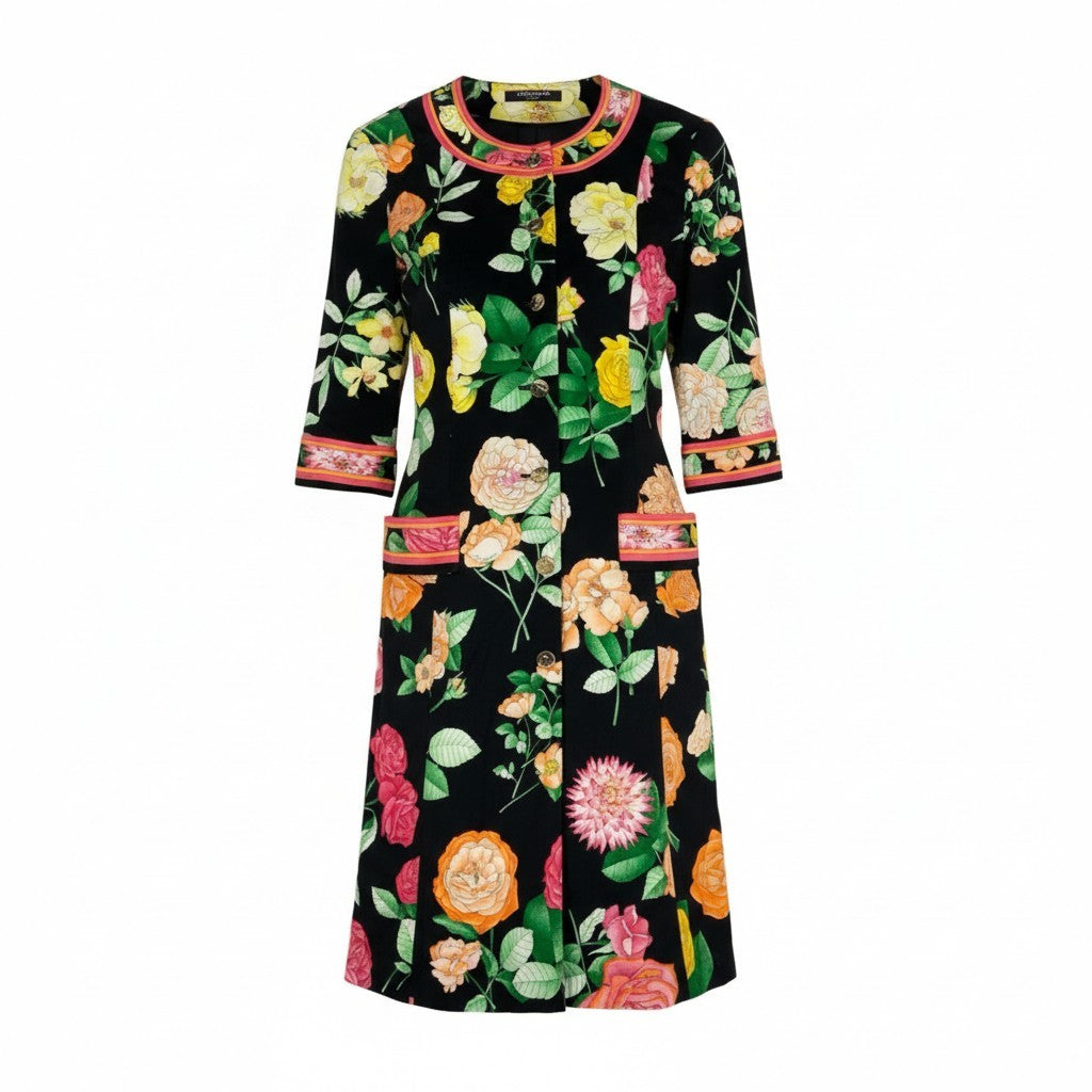 3k19 LEONARD FASHION レオナール ロングシャツワンピース ノーカラー 羽織 美しい花柄プリント ロングスリーブ 金ボタン レディース 女性用 L ブラック コットン100％u02t