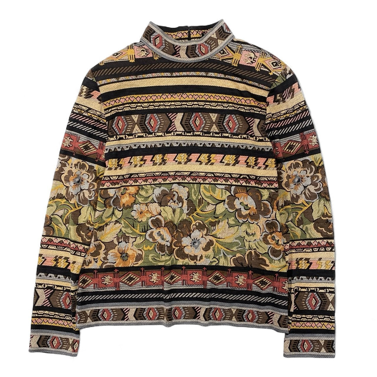 58k22 LEONARD FASHION レオナール ロングスリーブ カットソー モックネック 総柄プリント 花柄 レディース 女性用 Ｌ マルチカラー ウールシルクu02t