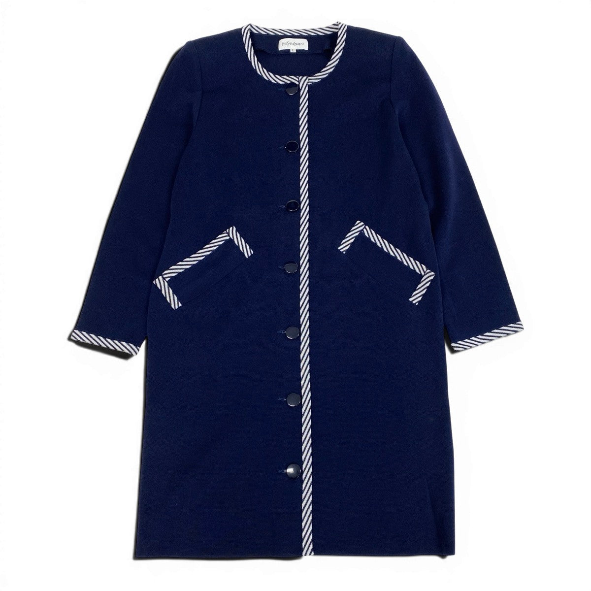 Eg11 YVES SAINT LAURENT イヴサンローラン ノーカラー ニットコート ストライプ柄 サイズL ネイビー レディースo07t