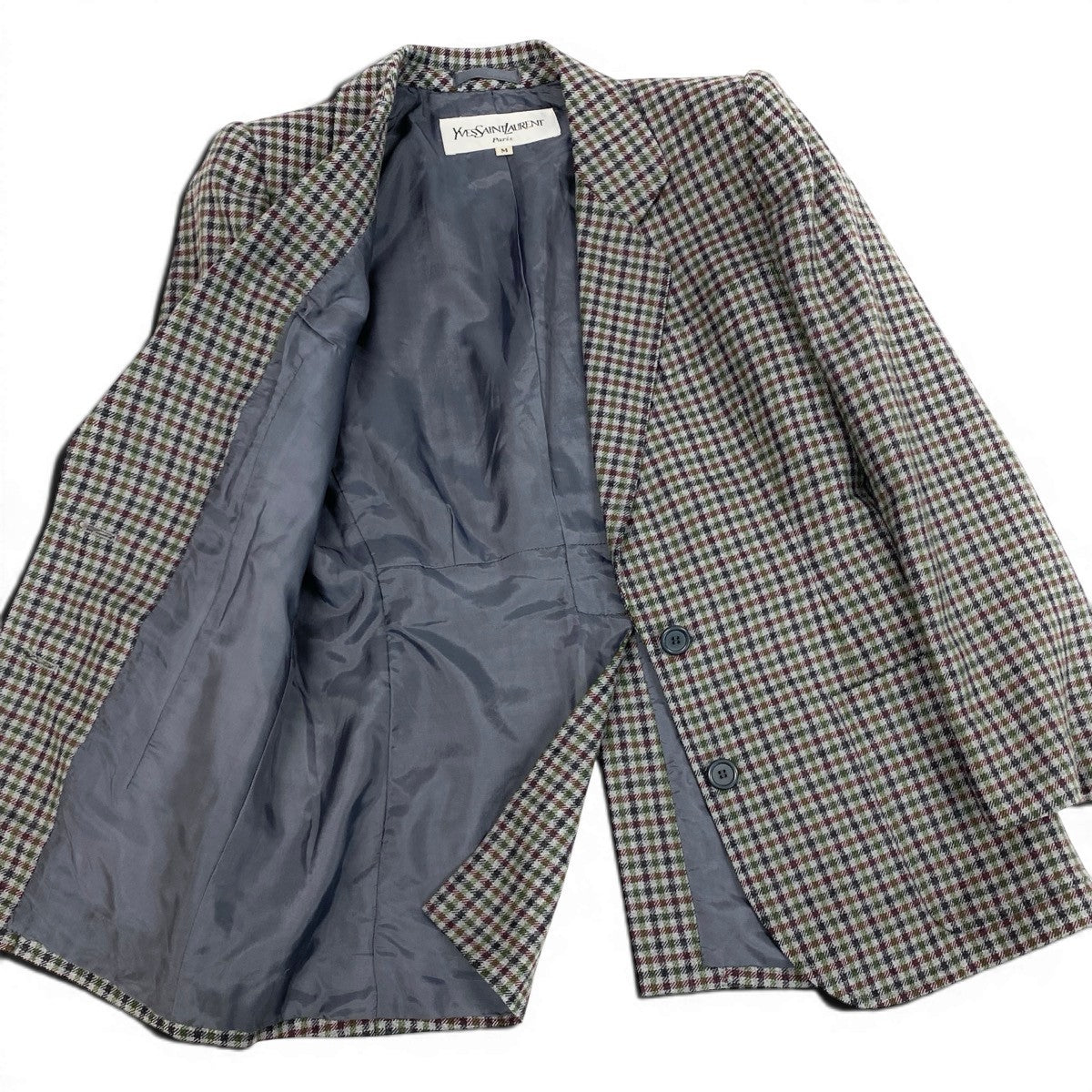 65f2 YVES SAINT LAURENT イヴサンローラン テーラードジャケット シングル 2B チェック柄 サイズM マルチカラー ウール100％ レディース 女性服o07t