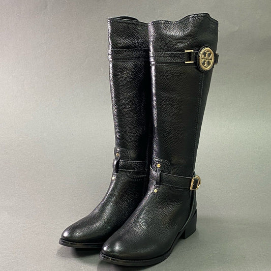 2e16 《未使用品》 TORY BURCH トリーバーチ ゴールドエンブレム レザーロングブーツ 36 ブラック Leather シューズ 保護シール付