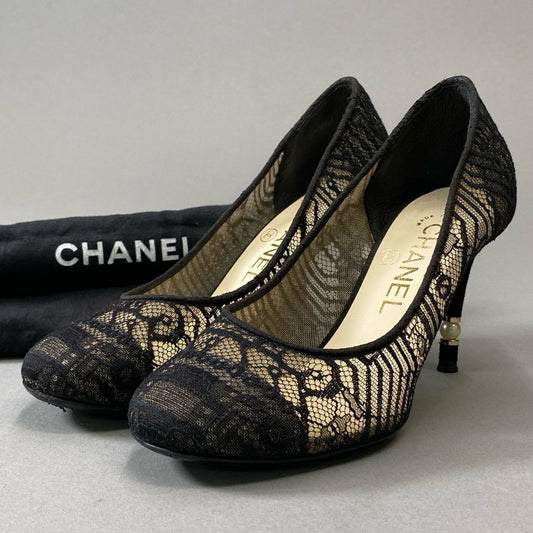 4j3 CHANEL シャネル パール装飾ヒール レースパンプス 35 ブラック ココマーク シューズ 保存袋有t18r